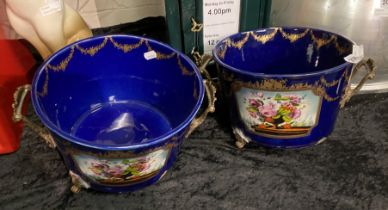 PAIR OF BLUE & BRASS HANDLED PLANTERS WITH FLORAL DESIGN - A/F (FEET MISSING)