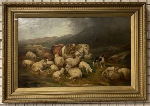 GILT FRAMED OIL ON CANVAS ''SHEEP & SHEEPDOG IN THE HIGHLANDS'' SIGNED & INSCRIBED R.ANSDELL 60CM