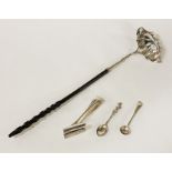 SILVER PUNCH LADLE, TWO SILVER SPOONS & ASPARAGUS TONGS