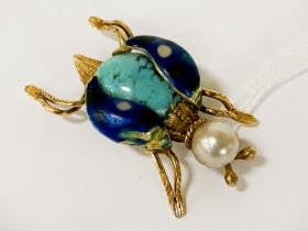 18CT GOLD BEETLE BROOCH WITH PEARL & TURQUOISE - ENAMELLED