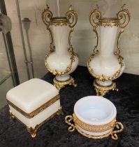 PAIR OF WHITE OPALINE GLASS VASES, OPALINE GLASS BOX & WHITE OPALINE GLASS DISH