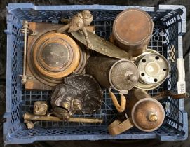 LARGE COLLECTION OF INTERESTING ODDITIES TO INCLUDE INKWELL, COPPER POTS, CAMPAIGN SPIRIT BURNER