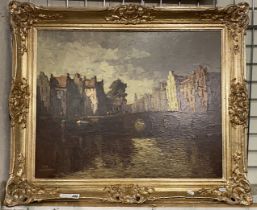 HEIN HODPMAM GILT FRAMED OIL ON CANVAS OF CANAL SCENE