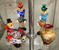 THREE MURANO CLOWNS A/F & BOHEMIAN VASE