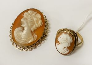 9CT GOLD CAMEO BROOCH & A 9CT GOLD CAMEO RING - SIZE N