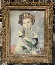 WATERCOLOUR OF YOUNG GIRL WITH A DOLL - SIGNED 53CM X 56CM
