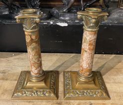 PAIR OF EARLY BRASS & MARBLE CANDLESTICKS 19.5CMS (H) APPROX