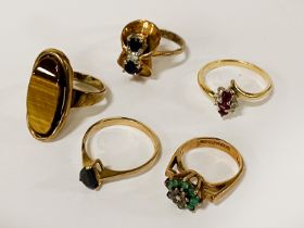 FIVE 9CT GOLD GEMSTONE RINGS - 15.7 GRAMS APPROX