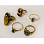 FIVE 9CT GOLD GEMSTONE RINGS - 15.7 GRAMS APPROX