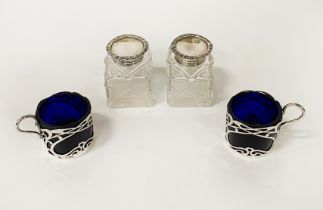 PAIR OF NOUVEAU SALTS & A PAIR OF SILVER TOPPED INKWELLS