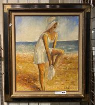 SIGNED & FRAMED IMPRESSIONIST PICTURE OF A BATHING BEAUTY 70CMS (H) X 60CMS (W)