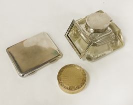 SILVER CIGARETTE CASE IN CARTIER BOX, INKWELL & AN ENGINE TURNED PILL BOX