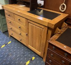 LIGHT OAK FIVE DRAWER CUPBOARD WITH GLASS TOP