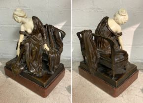 BRONZE FIGURE OF A GIRL SITTING ON A BENCH WITH MARBLE BAS E & SIGNED ON THE REAR - TERESZCZUK