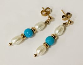 9 CARAT GOLD/PEARL/TURQUOISE EARRINGS