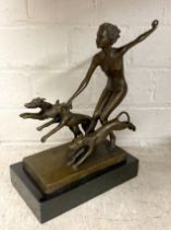 BRONZE ART DECO STYLE GIRL & DOG 24CMS (H)APPROX