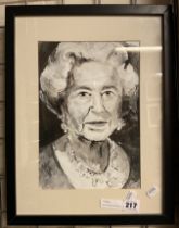 BLACK & WHITE WATERCOLOUR OF THE QUEEN OF ENGLAND