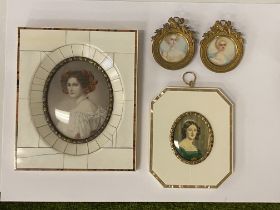TWO EARLY MINIATURES OF STATELY LADIES & TWO SMALL BRASS FRAMED MINIATURES