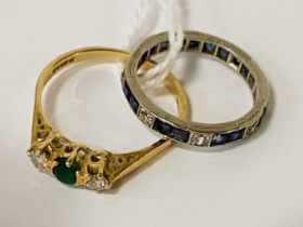 18CT YELLOW GOLD DIAMOND & EMERALD RING WITH A SAPPHIRE & DIAMOND FULL ETERNITY RING - SIZE J - SIZE