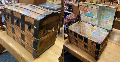 RESTORED DOME TOP CHEST WITH WORLD MAP COLLAGE INTERIOR