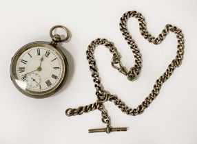 SILVER POCKET WATCH & AN ALBERT CHAIN