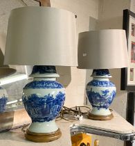 PAIR OF BLUE & WHITE TABLE LAMPS WITH SILK SHADES