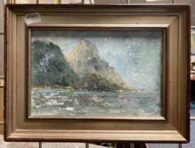 ALEC MEDWIN OIL ON CANVAS - HEADLAND ON THE GOWER - 28CM X 20CM OUTER FRAME