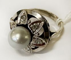 WHITE GOLD ART DECO DIAMOND & PEARL FLORAL RING - BOXED - SIZE K / L - 6.7 GRAMS APPROX