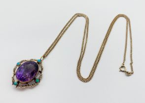 9CT GOLD AMETHYST, TURQUOISE & SEED PEAL PENDANT & CHAIN - 11 GRAMS APPROX