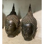 PAIR OF BRONZE ORIENTAL BUDDHA HEADS - APPROX 27.5 CMS H