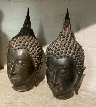 PAIR OF BRONZE ORIENTAL BUDDHA HEADS - APPROX 27.5 CMS H