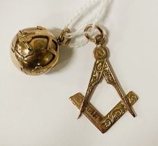 9 CARAT GOLD MASONIC PENDANT TOGETHER WITH 9 CARAT GOLD PLATED ON SILVER MASONIC ''GLOBE'' PENDANT