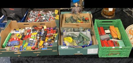 FOUR TRAYS OF EARLY TOY COLLECTABLES TO INCLUDE CORGI, MATCHBOX, HOTWHEELS, SUPERFAST, MAJORETE, TOY