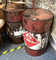 2 OIL DRUM TABLES IN THE STYLE OF EXPLOSIVE BARRELS FROM THE COMPUTER GAME SERIES ''HALF LIFE''