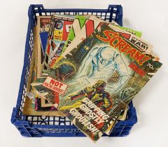 TRAY OF EARLY COMICS & COMIC STRIP NEWSPAPERS INCL. SPIDERMAN, PLANET OF THE APES,MIGHTY MARVEL