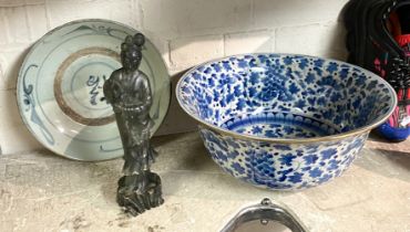 BLUE & WHITE BOWL, ORIENTAL PLATE & GEISHA GIRL FIGURE