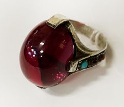 ART NOUVEAU RING IN SILVER WITH RUBIES & TURQUOISE TO THE SIDE & A LARGE CABOUCHON STONE TO THE