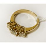 14CT GOLD THREE STONE DIAMOND RING - CENTRE STONE APPROX HALF CARAT - SIZE P/Q - TOTAL APPROX 1