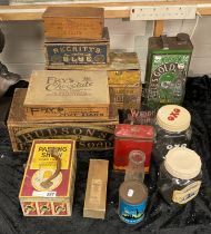 16 ADVERTISING ITEMS - WOODEN GLASS & STONEWARE