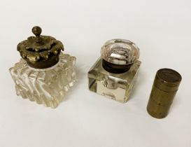 2 BRASS & GLASS INKWELLS WITH AN EARLY COIN HOLDER