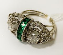 PLATINUM DIAMOND & EMERALD RING - SIZE L- APPROX 6.2 GRAMS