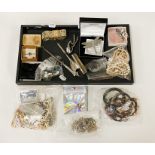 TRAY OF MOSTLY SILVER & EARLY COSTUME JEWELLERY & WATCHES