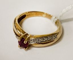 9 CARAT GOLD RUBY & DIAMOND RING - SIZE J - APPROX 2.5 GRAMS