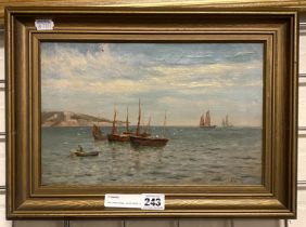 WILLIAM J.KING - LATE 19THC OIL ON CANVAS - FISHING BOATS OFFSHORE - SIGNED 20CM X 31CM