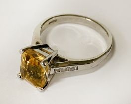 9K WHITE GOLD CITRINE & DIAMOND RING (AS NEW) SIZE M