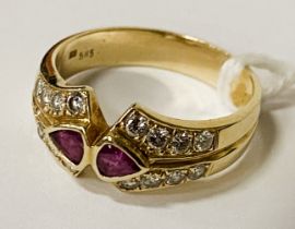14CT GOLD DIAMOND & RUBY RING - APPROX 5.3 GRAMS SIZE R