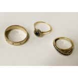 9CT YELLOW GOLD WEDDING RING & 2 OTHER RINGS - 10.2 GRAMS APPROX
