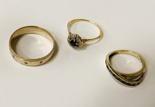 9CT YELLOW GOLD WEDDING RING & 2 OTHER RINGS - 10.2 GRAMS APPROX