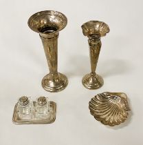 HM SILVER SHELL TRAY & 2 H/M SILVER POSY VASES & SALT & PEPPER WITH TRAY