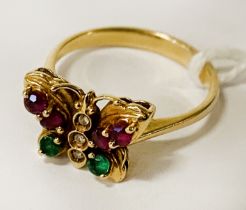 18CT GOLD RUBY,EMERALD & DIAMOND RING - SIZE L - 3.7 GRAMS APPROX